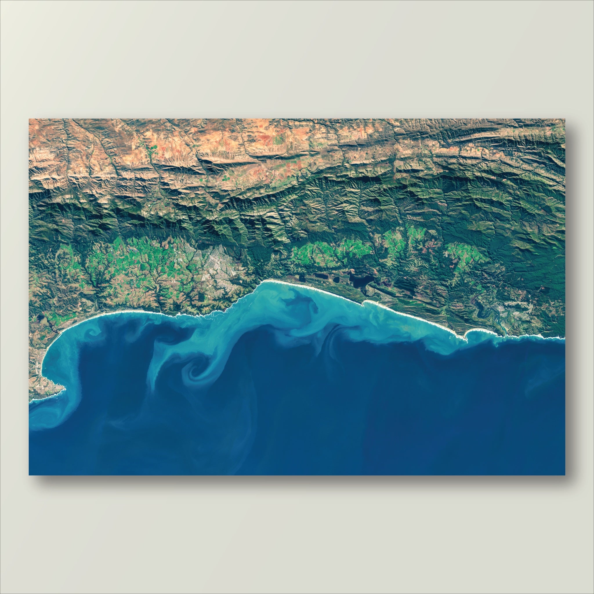 Garden Route 2 West satellite print, showing the coast from Mossel Bay to Knysna, with the Little Karoo beyond the Outeniqua Mountains