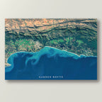 Garden Route 2 West satellite print in the Titled style, showing the coast from Mossel Bay to Knysna, with the Little Karoo beyond the Outeniqua Mountains, and the title Garden Route on the image.