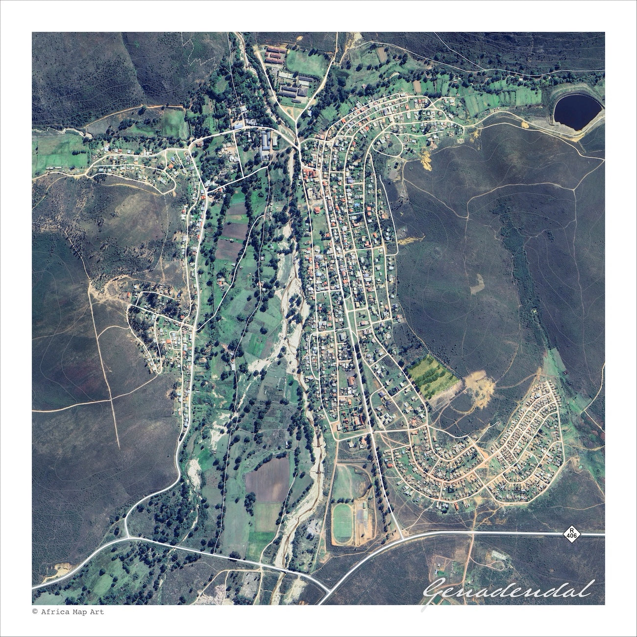 Genadendal aerial map print showing the town's green valley from above, with dark mountain slopes on either side and a crescent of curved streets to the south-eas