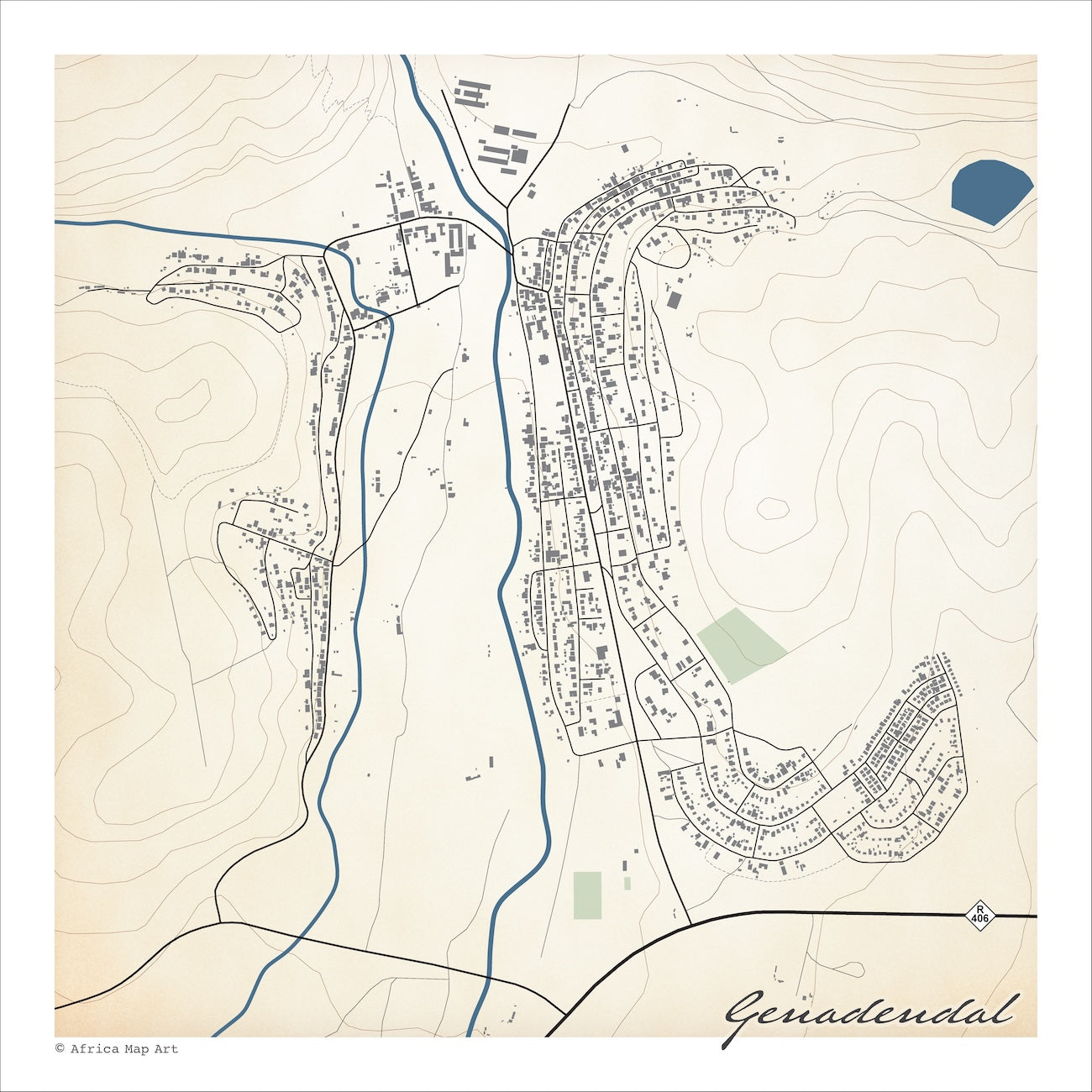 Genadendal map print in the Classic style, with fine black street lines and grey buildings, a blue river and a crescent of curved streets on a cream background