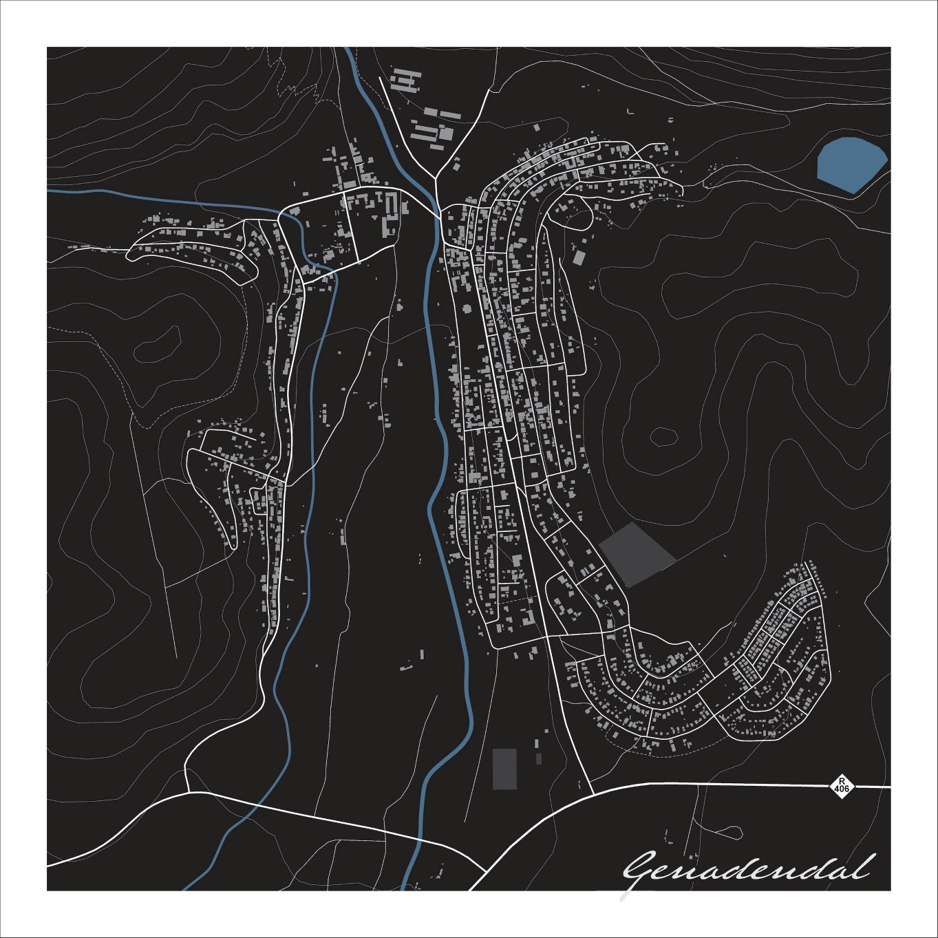 Genadendal map print in the Granite style, with fine white street lines, a blue river, a blue dam and a crescent of curved streets on a black background