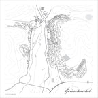 Genadendal map print in the minimalist Mono style, with black street lines, grey buildings, a grey river and a crescent of curved streets on a white background