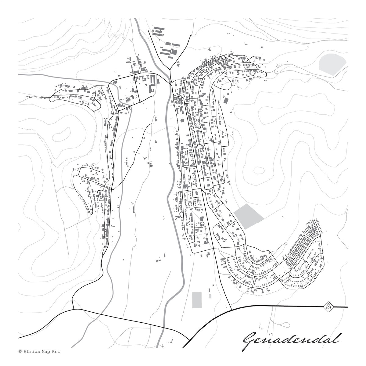 Genadendal map print in the minimalist Mono style, with black street lines, grey buildings, a grey river and a crescent of curved streets on a white background