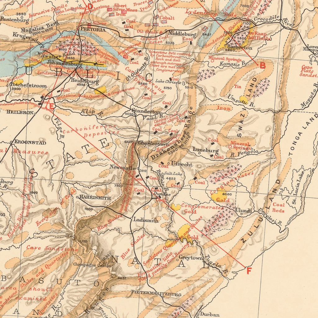 Close-up detail of the 1896 geological map of Africa south of the Zambezi reproduction print, showing the coloured rock formations and fine lettering