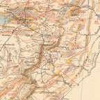 Close-up detail of the 1896 geological map of Africa south of the Zambezi reproduction print, showing the coloured rock formations and fine lettering
