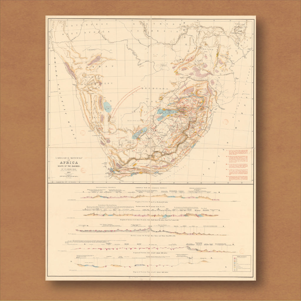 1896 geological map of Africa south of the Zambezi by FPT Struben, reproduction print showing rock formations in ochre, pink and blue, with cross-sections below
