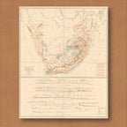 1896 geological map of Africa south of the Zambezi by FPT Struben, reproduction print showing rock formations in ochre, pink and blue, with cross-sections below