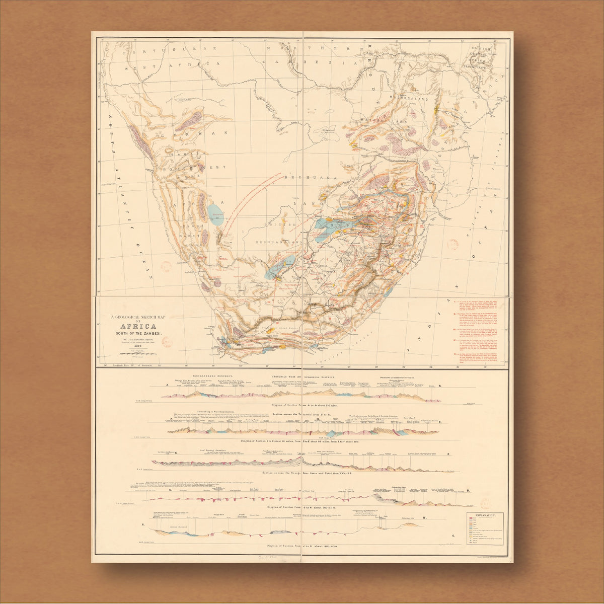 1896 geological map of Africa south of the Zambezi by FPT Struben, reproduction print showing rock formations in ochre, pink and blue, with cross-sections below