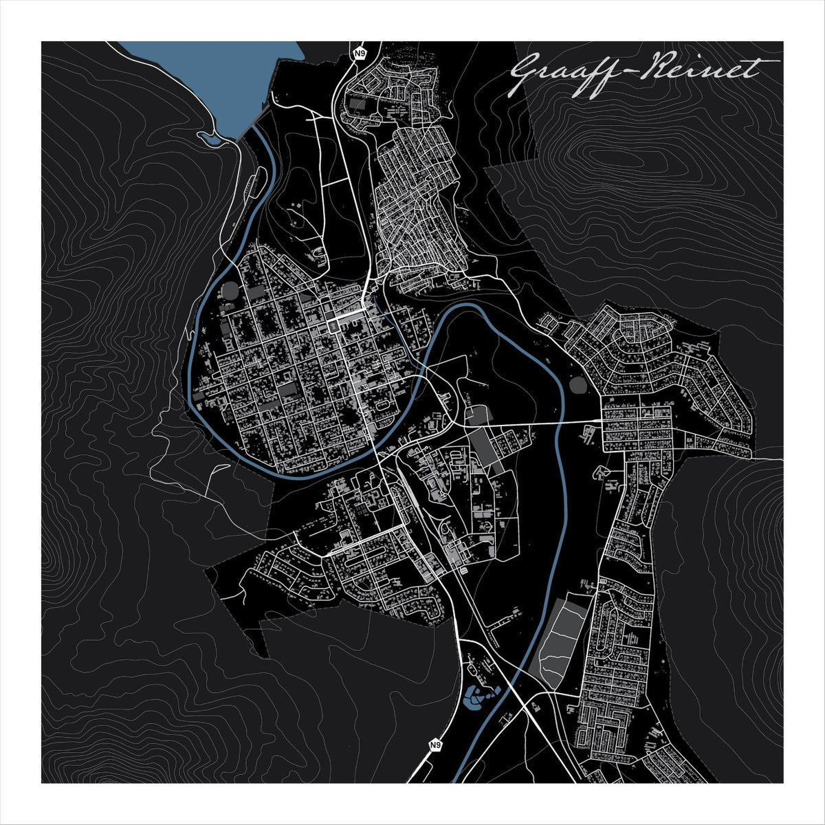 Graaff-Reinet map print in the Granite style, with the blue Sundays River looping around the town, white street lines and fine contour lines on a black background