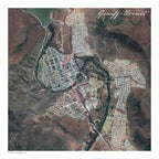 Graaf-Reinet aerial map print showing satellite imagery of the town, contoured mountain slopes, with white roads over green and brown farmland