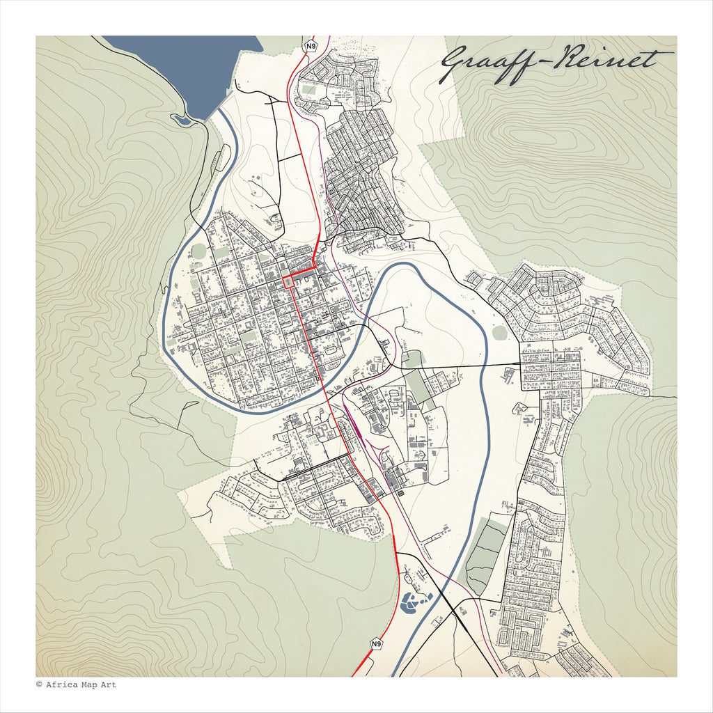 Graaff-Reinet map print in the Classic style, with street grids, contour lines, blue waterways and red route lines, and the town name in cursive at the top right