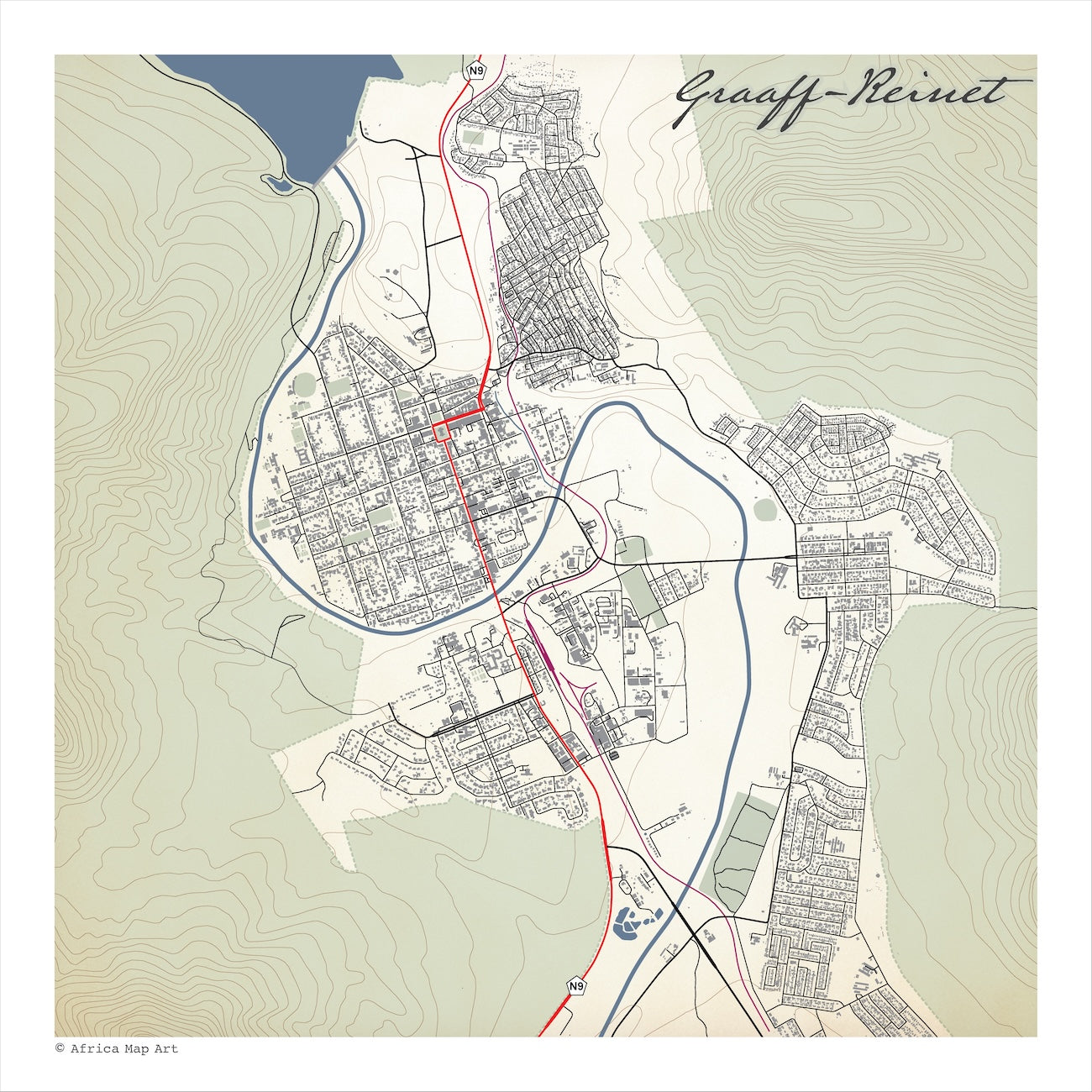 Graaff-Reinet map print in the Classic style, with street grids, contour lines, blue waterways and red route lines, and the town name in cursive at the top right