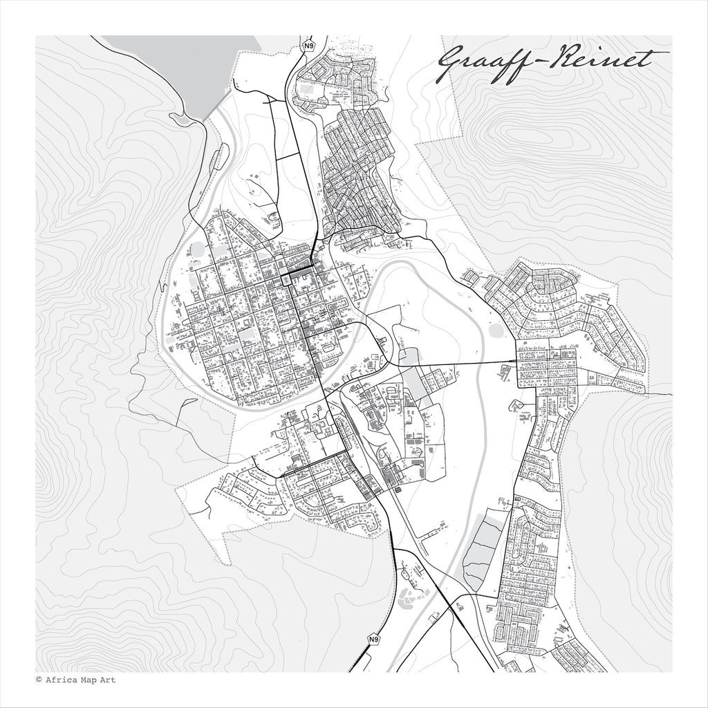Graaff-Reinet map print in the Mono style, a black and white design with dark street lines, grey waterways, nature reserves and buildings, and fine contour lines on a white background