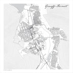 Graaff-Reinet map print in the Mono style, a black and white design with dark street lines, grey waterways, nature reserves and buildings, and fine contour lines on a white background