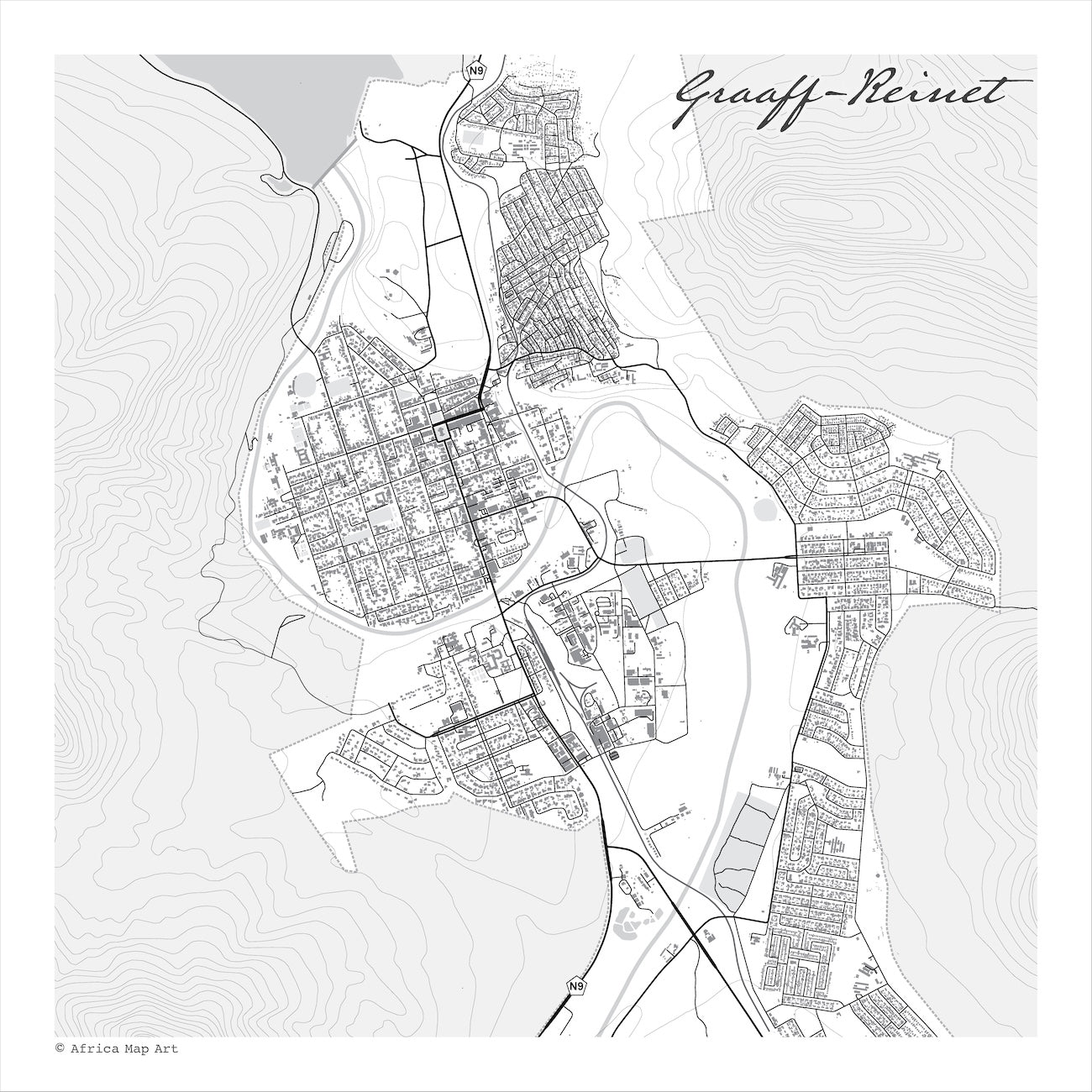 Graaff-Reinet map print in the Mono style, a black and white design with dark street lines, grey waterways, nature reserves and buildings, and fine contour lines on a white background