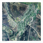 Greyton aerial map print showing white streets and Gobos River from above, with white road and contour lines over green and grey mountain terrain and green farmland