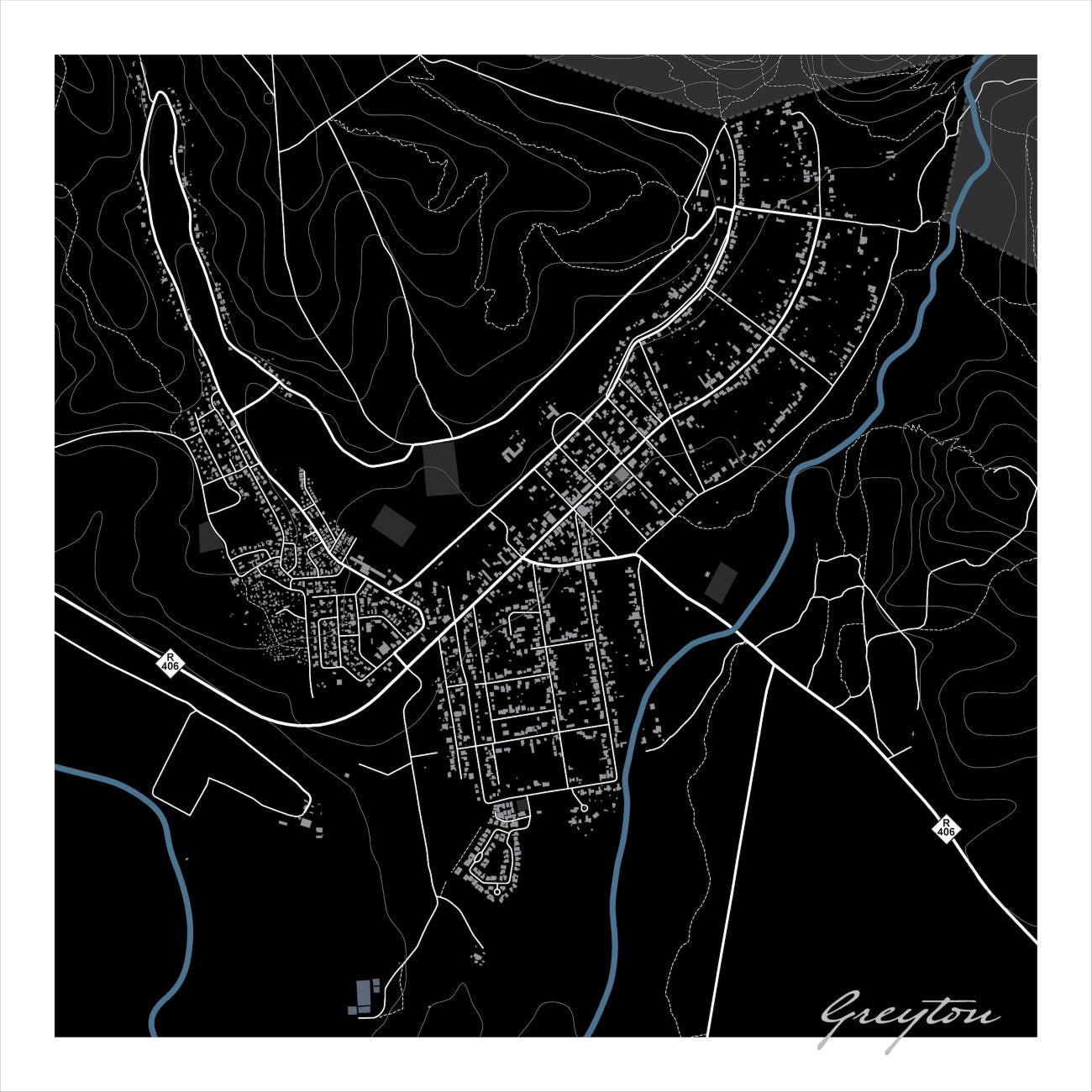 Greyton map print in the Granite style, showing the Overberg town, with fine white streets, blue rivers and dams, mountain contours on a black background.