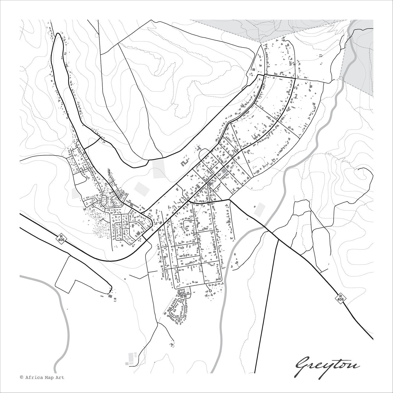 Greyton map print in the minimalist Mono style, a black and white design with dark street lines, grey nature reserves and buildings, and fine contour lines on a white background 