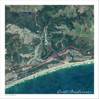 Groot Brakrivier aerial map print showing the town and river estuary from above, with green coastal hills, white surf along a sandy beach and the red line of the N2