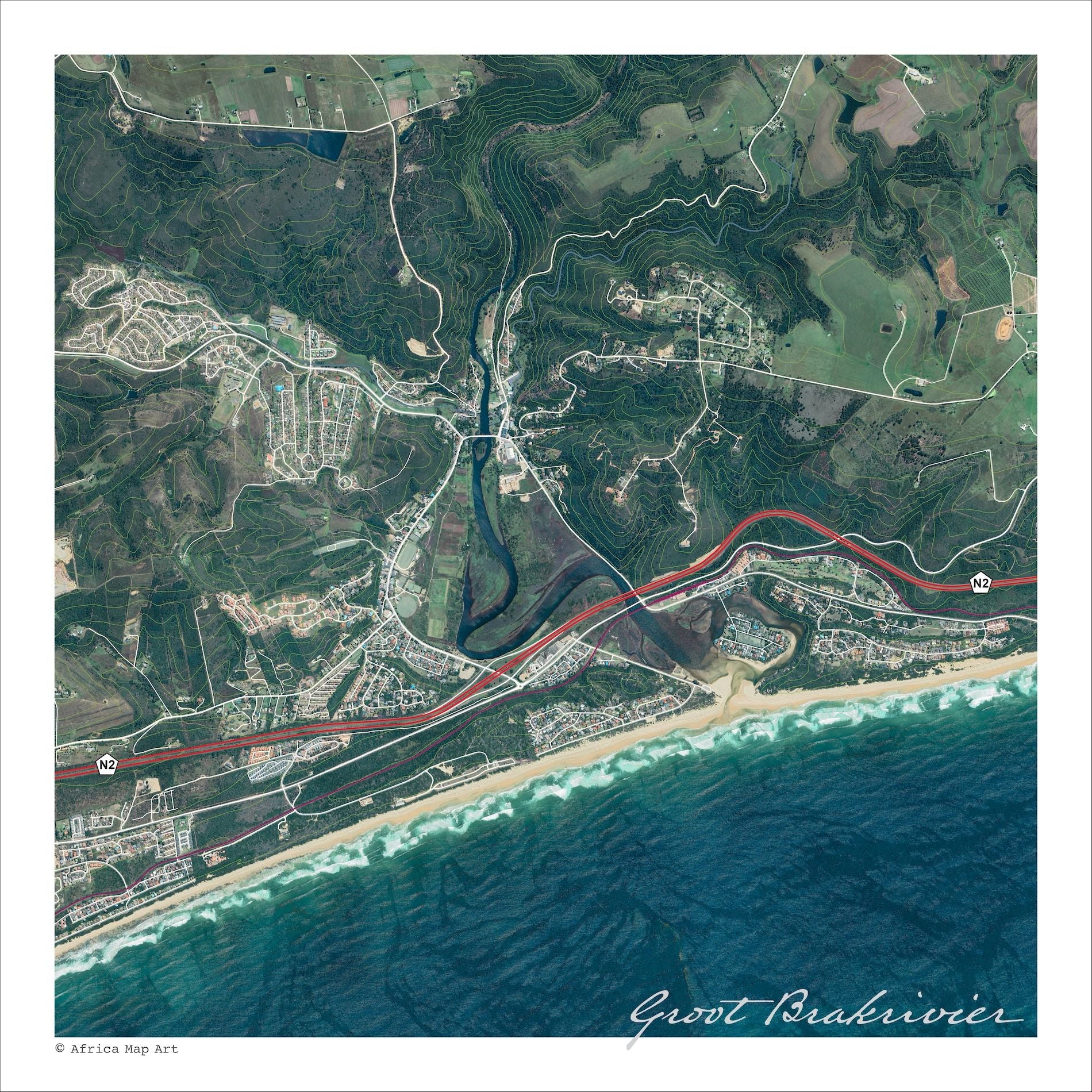 Groot Brakrivier aerial map print showing the town and river estuary from above, with green coastal hills, white surf along a sandy beach and the red line of the N2