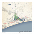 Groot Brakrivier map print in the Classic style, with fine black street lines and grey buildings, the Great Brak River estuary, blue sea and fine contour lines on a cream background