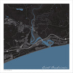 Groot Brakrivier map print in the Granite style, with fine white street lines, the blue Great Brak River estuary and the Indian Ocean on a black background