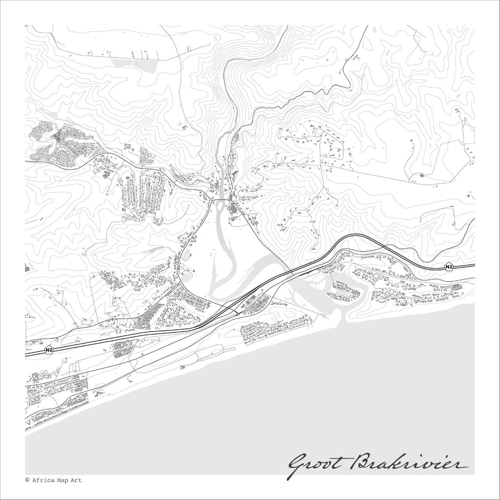 Groot Brakrivier map print in the minimalist Mono style, with black street lines, grey buildings, the Great Brak River estuary and fine contours on a white background