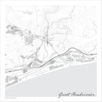 Groot Brakrivier map print in the minimalist Mono style, with black street lines, grey buildings, the Great Brak River estuary and fine contours on a white background