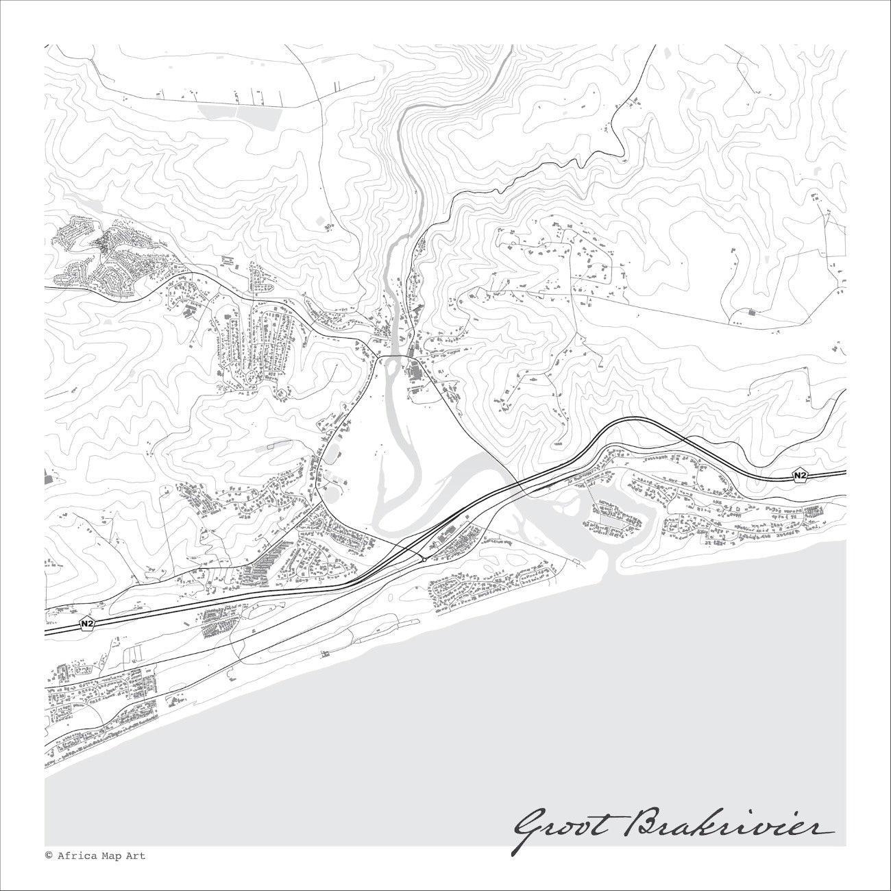 Groot Brakrivier map print in the minimalist Mono style, with black street lines, grey buildings, the Great Brak River estuary and fine contours on a white background