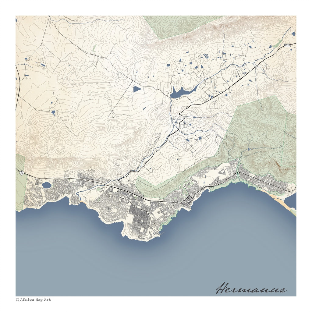 Hermanus map print in the Classic style, with fine black street lines, blue sea along the coastline and contoured mountain slopes on a cream background