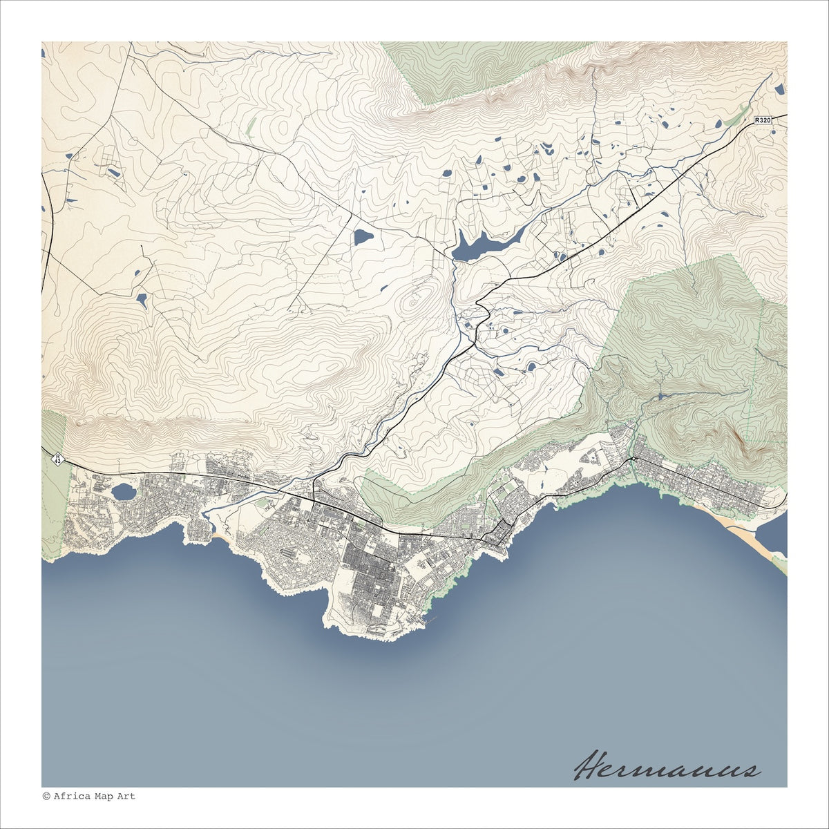 Hermanus map print in the Classic style, with fine black street lines, blue sea along the coastline and contoured mountain slopes on a cream background