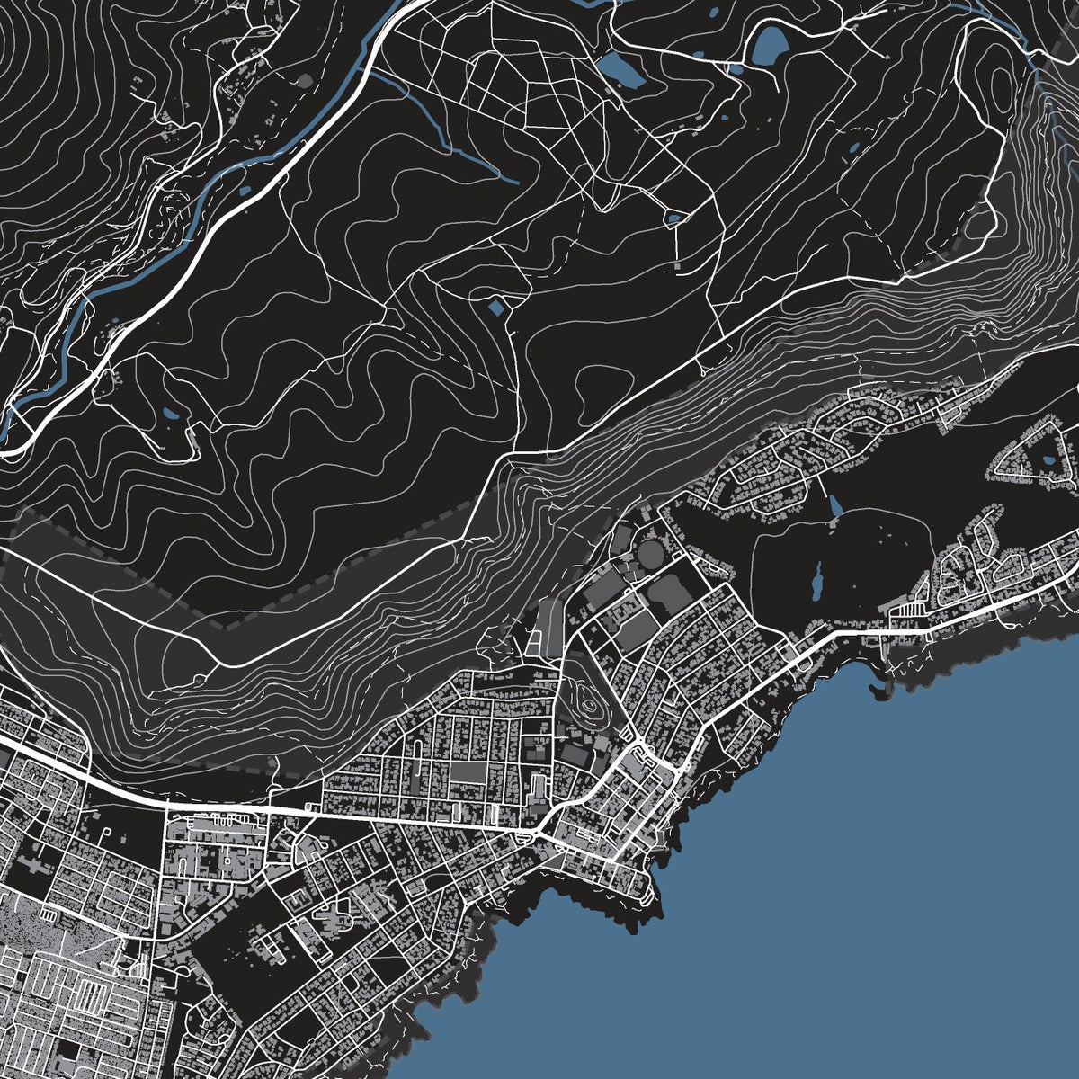 Close-up detail of the Hermanus Granite map print, showing the fine line work and quality of the full-size print