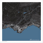 Hermanus map print in the Granite style, with fine white streets & mountain contour lines on a black background and blue sea along the coastline
