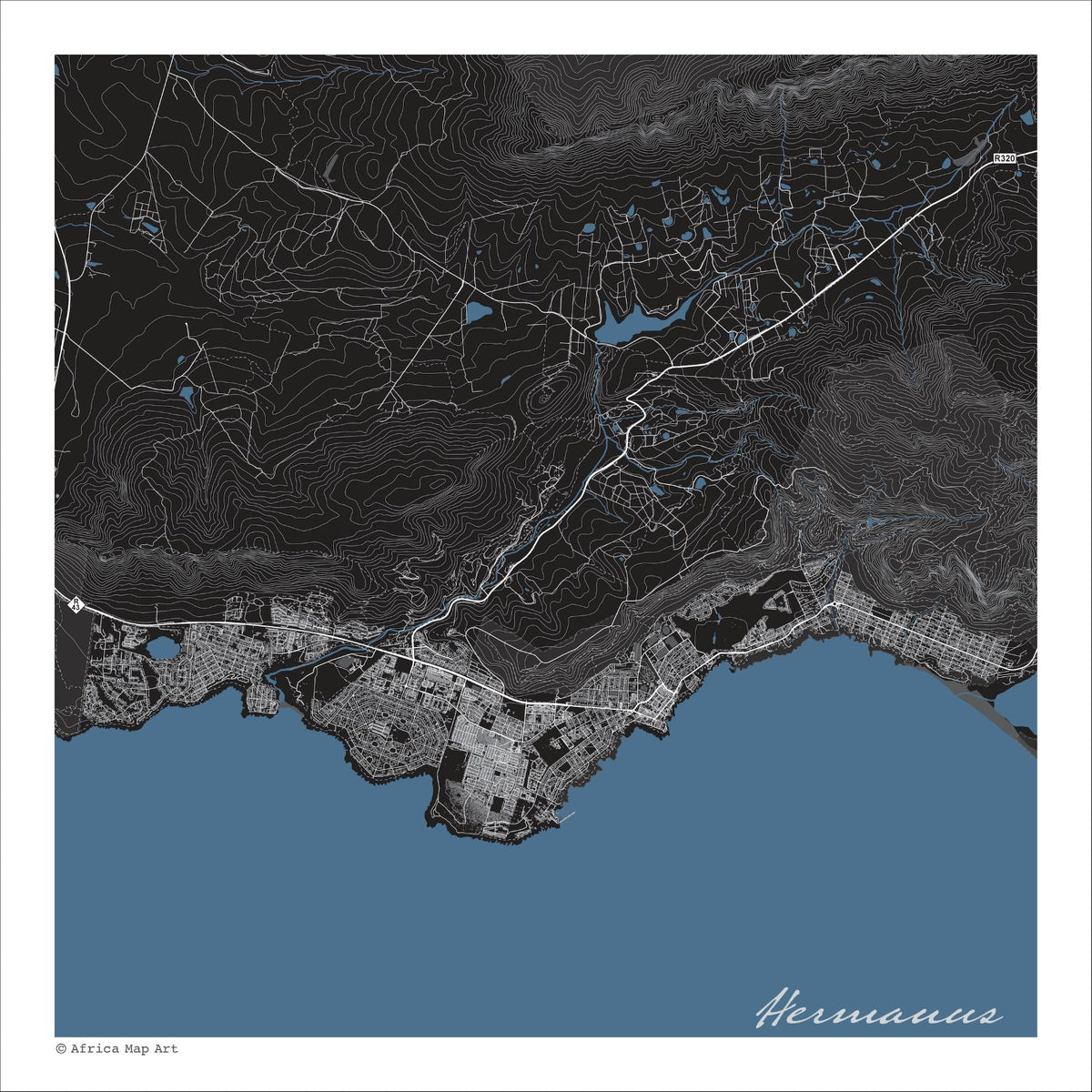 Hermanus map print in the Granite style, with fine white streets & mountain contour lines on a black background and blue sea along the coastline