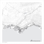 Hermanus map print in the Mono style, a black and white design with dark street lines, the sea in pale grey along the coastline, and fine contour lines on a white background