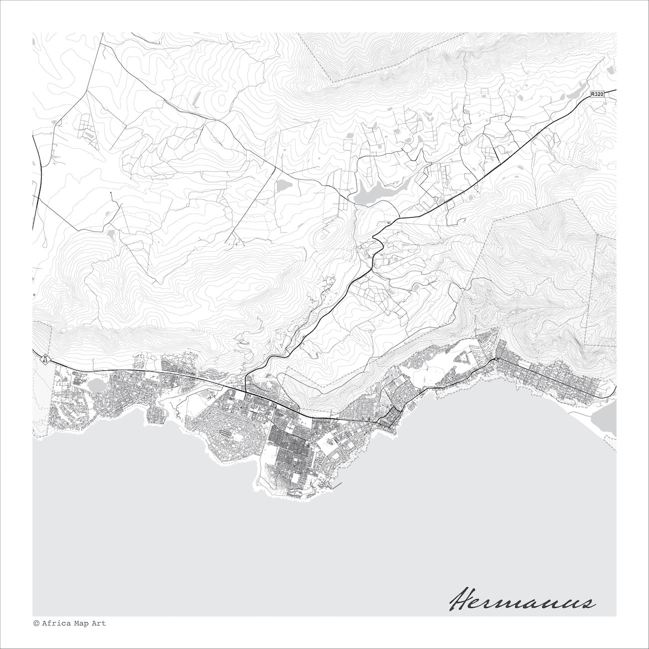 Hermanus map print in the Mono style, a black and white design with dark street lines, the sea in pale grey along the coastline, and fine contour lines on a white background