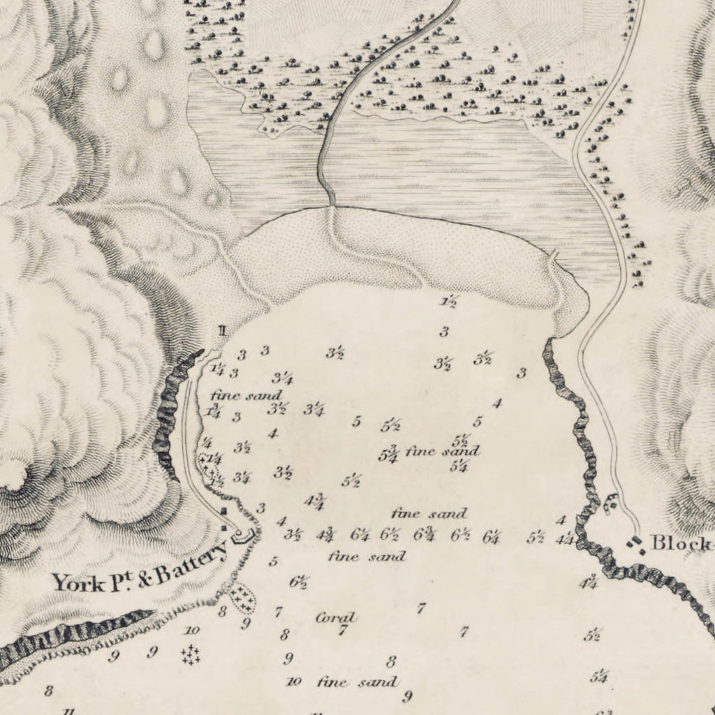 Close-up detail of the 1822 Admiralty chart of Hout Bay reproduction print, showing the beach at the head of the bay and depth soundings