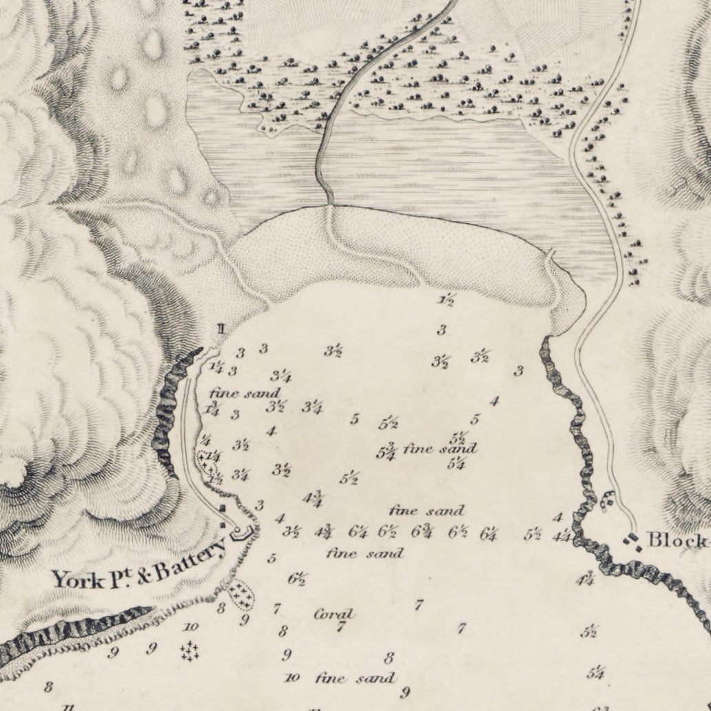 Close-up detail of the 1822 Admiralty chart of Hout Bay reproduction print, showing the beach at the head of the bay and depth soundings
