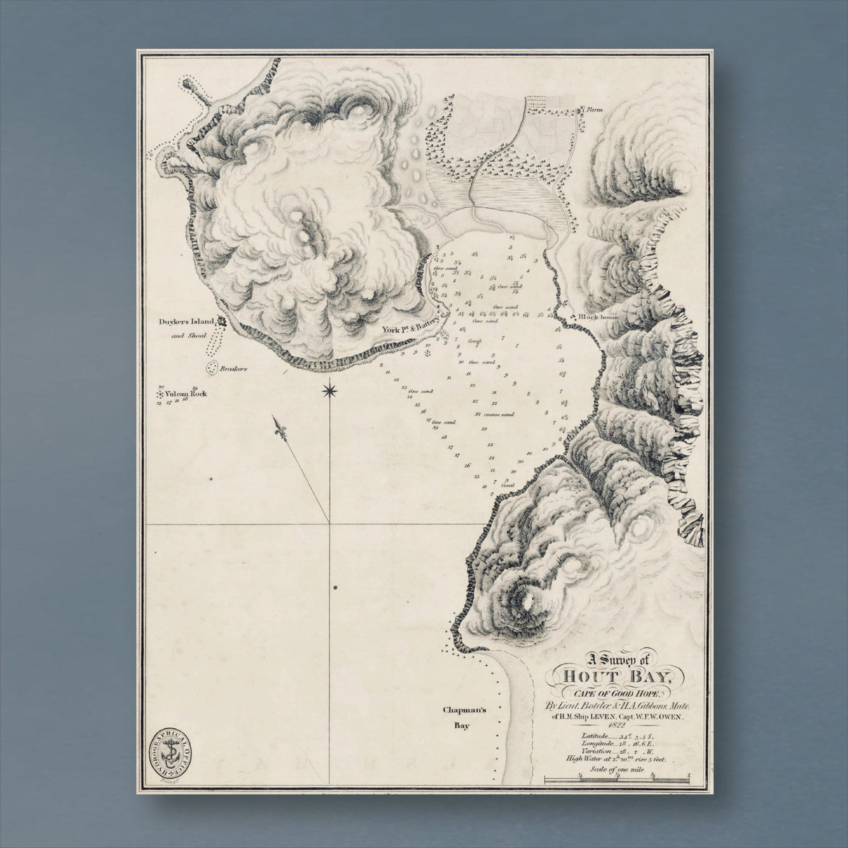 1822 Admiralty chart of Hout Bay, reproduction print showing depth soundings across the bay, surrounded by engraved mountain slopes