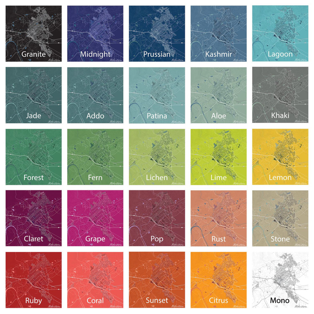 Colour chart showing all 24 map print colour options, each displayed as a small inland town map sample with its colour name