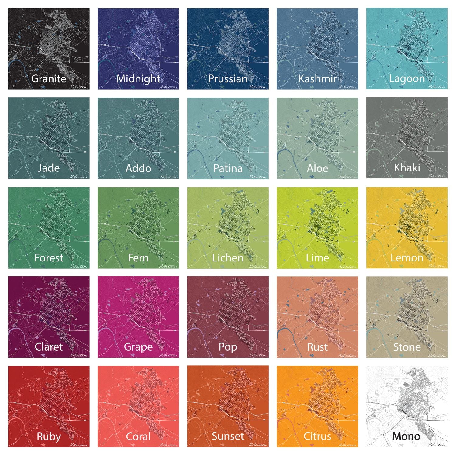 Colour chart showing all 24 map print colour options, each displayed as a small inland town map sample with its colour name