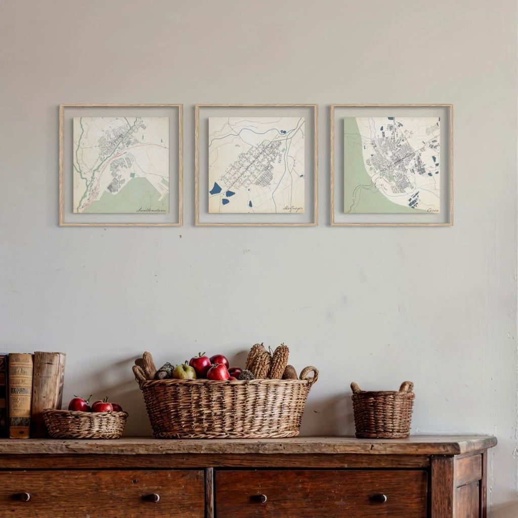 Swellendam, McGregor and Ceres Classic map prints on wall above kitchen dresser.