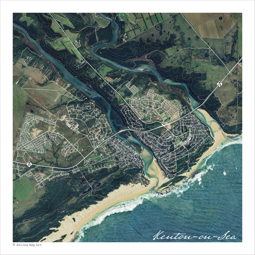 Kenton-on-Sea map print in the Aerial style; white roads and contour lines over a satellite image with green vegetation & blue sea.