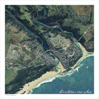 Kenton-on-Sea map print in the Aerial style; white roads and contour lines over a satellite image with green vegetation & blue sea.