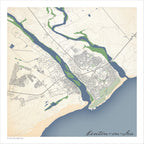 Kenton-on-Sea map print in the Classic style, with fine black street lines, blue sea along the coastline and contoured slopes on a cream background