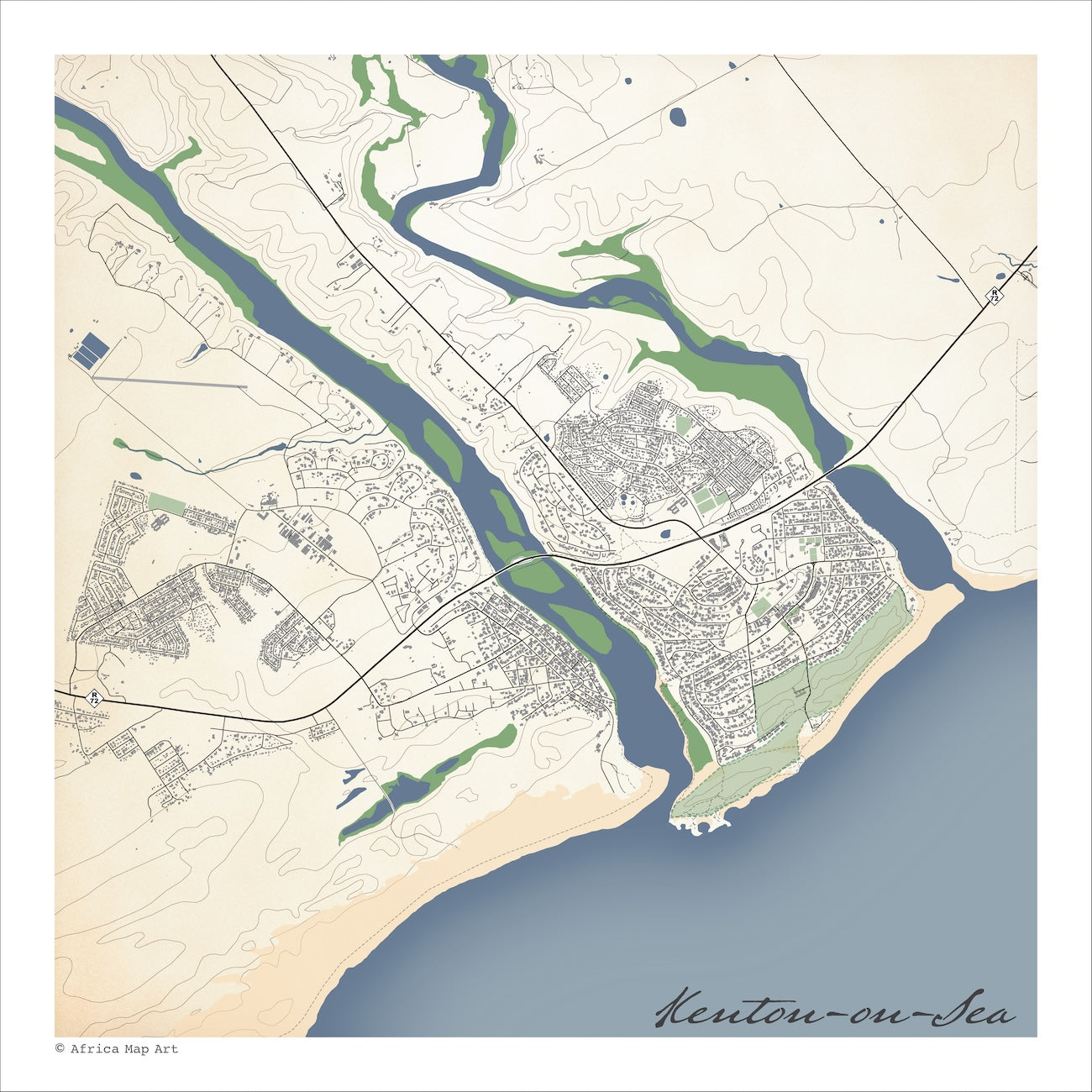 Kenton-on-Sea map print in the Classic style, with fine black street lines, blue sea along the coastline and contoured slopes on a cream background