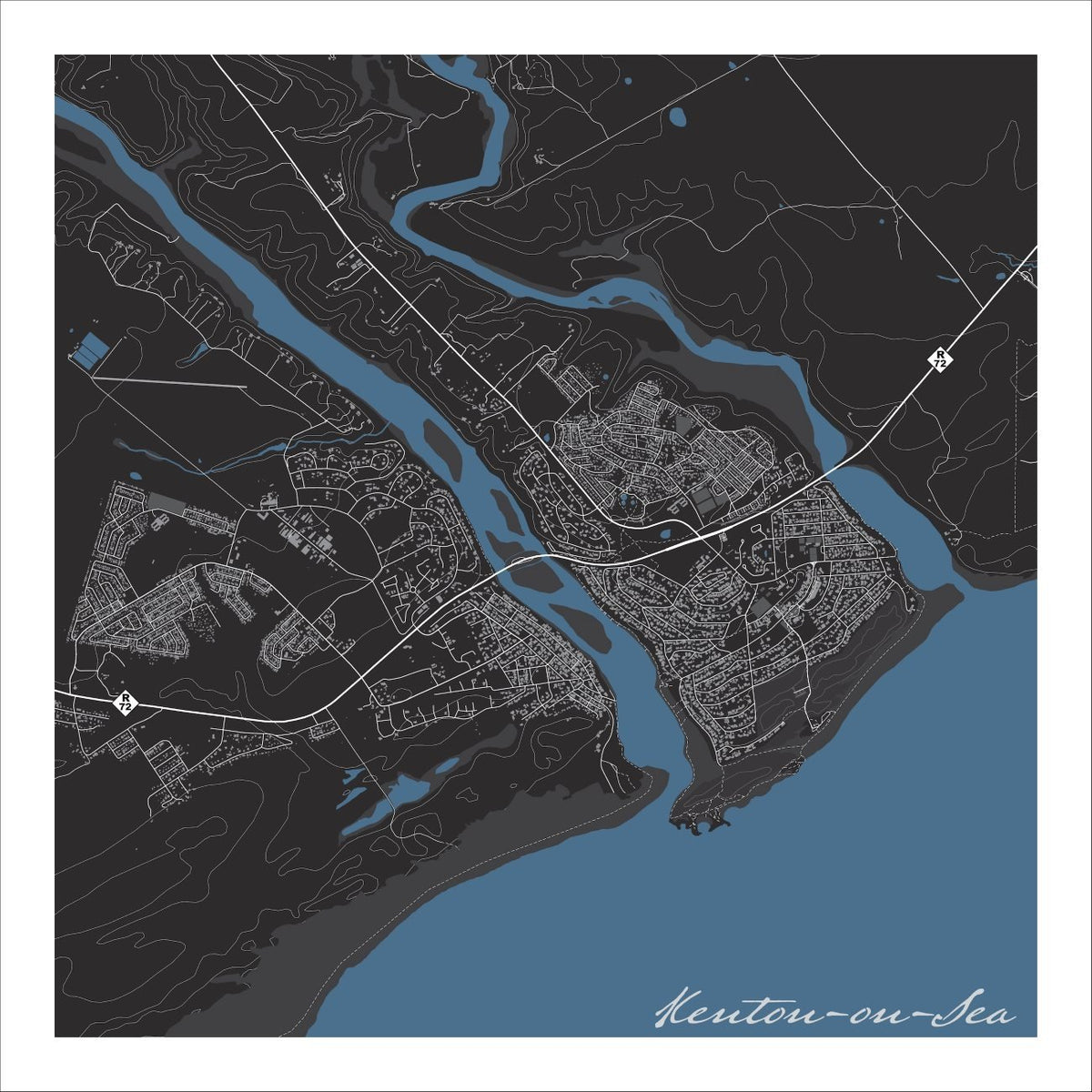 Kenton-on-Sea map print in the Granite style, with fine white street & mountain contour lines on a black background and blue sea along the coastline 