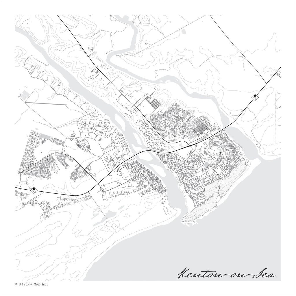 Kenton-on-Sea map print in the minimalist Mono style, a black and white design with dark street lines, the sea in pale grey along the coastline, and fine contour lines on a white background