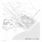 Kenton-on-Sea map print in the minimalist Mono style, a black and white design with dark street lines, the sea in pale grey along the coastline, and fine contour lines on a white background
