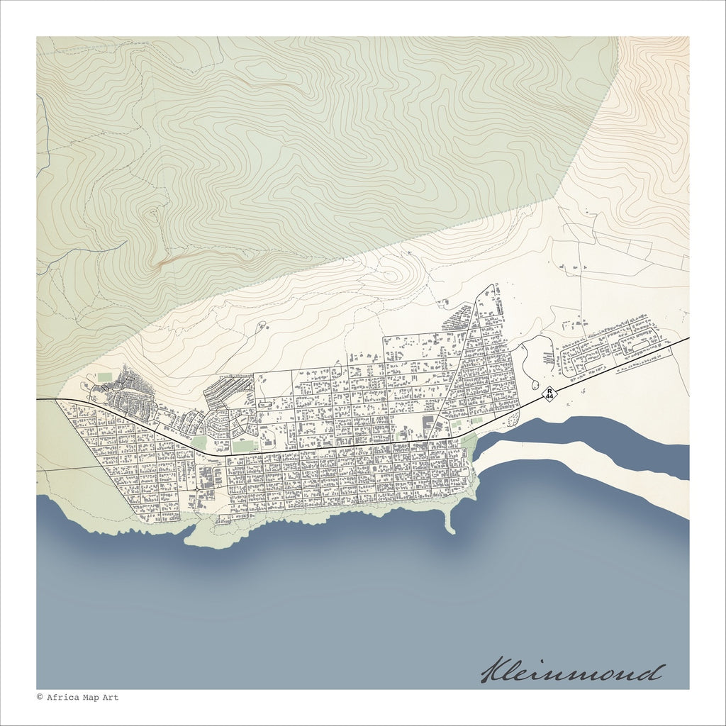 Kleinmond map print in the Classic style, with fine black street lines, the Kleinmond Lagoon, the Kogelberg Nature Reserve and blue sea on a cream background